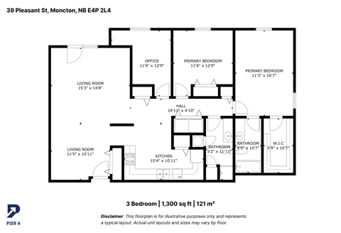Floor plan for 3 beds, 1 bath